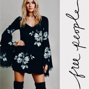 Free People Black Floral Long Sleeve Bell-Sleeve Mini Dress